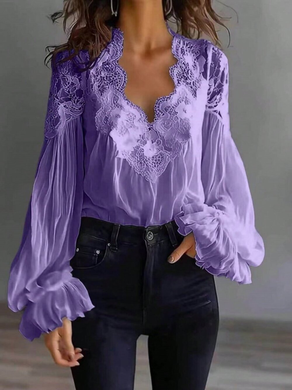 Purple Casual Women's Lace Trim V-Neck Chiffon Blouse